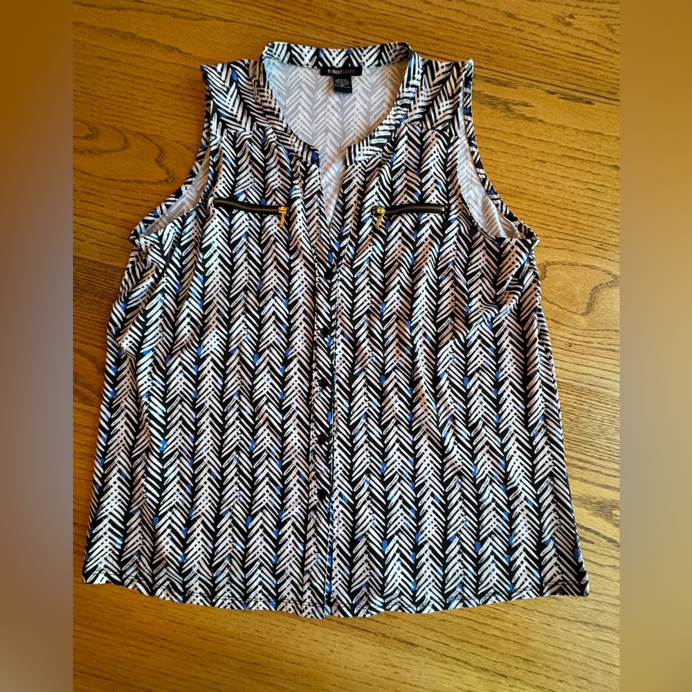 ROBERT LOUIS Women's XL Sleeveless Blue Black Stretch Top Shirt Zippers Tank Top